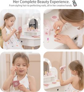 Wooden Pretend Play Makeup <strong>Table</strong> with 11 Accessories White Kids Vanity Set for Girls with Adjustable Brightness Light Mirror - Product Image 2