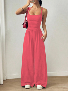 Mono de punto elástico de cintura alta con cuello halter y pierna ancha para mujer, color liso, ajustado, informal, para fiesta o club, ideal para salir. - Product Image 4