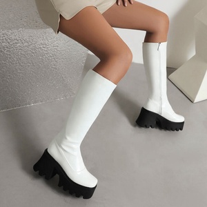 Thick Sole High Platform Women's Long Boots Bright Mirror Leather School Girl <b>Shoes</b> Fashion Side Zipper Booties Square Heels - Product Image 2