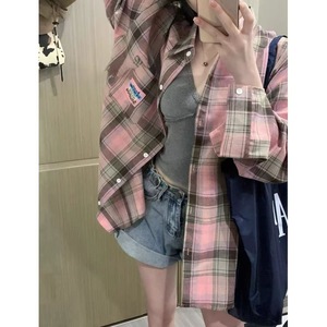 <strong>Women's</strong> Sun Protection Plaid Shirt Lightweight Summer Long Sleeve Oversized UV Block Button Down Pink <strong>Tartan</strong> Cardigan Jacket - Product Image 4