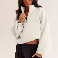 Hauts de sport pour femmes Printemps Automne 2026, légers, doux, respirants, à demi-zip, avec poche kangourou, coupe ample et carrée, en coton uni