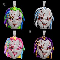 Pendentif Tête de Personnage 3D en Laiton et Zircon Entièrement Sertie de Pierres, Émail Coloré, Style Hip Hop pour Hommes Rappeurs