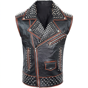 Custom Genuine Leather Studded Biker <b>Vest</b> <b>Mens</b> Punk Style Motorcycle Leather Waistcoat With Asymmetrical Zip Closure - Product Image 1