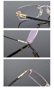 Gafas sin montura con decoración de diamantes de aleación, lentes graduadas planas con tono gris degradado, gafas de sol sólidas y modernas - Product Image 5