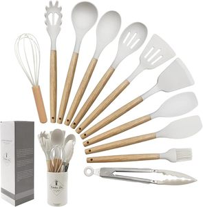12-teiliges Küchenutensilien-Set im nordischen Stil mit weißem Silikon und Holzgriff, inklusive Pfannenwender und Spatel - Product Image 1