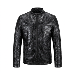 Veste en cuir texturé crocodile pour homme, style motard, avec fermeture éclair, col montant, coupe-vent et respirante, idéale pour l'hiver - Product Image 1