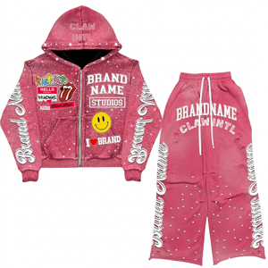 Custom Eco-Friendly 100% Cotton Fleece Plus Size Hooded 2-in-1 Windproof Printed Tracksuit Men Full Zip Hoodie <b>Sweatpants</b> <b>Set</b> - Product Image 1