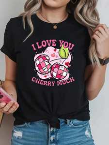 T-shirt da donna I Love You Cherry Much, girocollo, manica corta, per San Valentino, casual, alla moda, taglie forti, in cotone stampato - Product Image 3