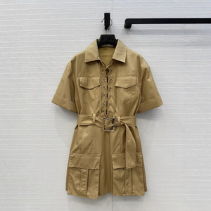 Новое элегантное повседневное современное джинсовое летнее платье с большими карманами, эффектом потертости, на шнуровке, с коротким рукавом и завышенной талией - Product Image 3