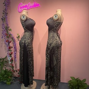 女性用ビーチドレス女性用ヒョウ柄ハイウエストスリムマキシバックレスドレススパゲッティストラップ - Product Image 4
