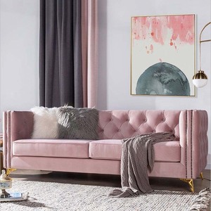 Juego de Sofás Acolchados de Terciopelo para Sala de Estar, Estilo Rústico Moderno, Sofá Chesterfield Rosa, Muebles para Sala de Estar, 3 Conjuntos - Product Image 2