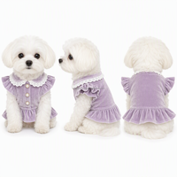 Robe personnalisée pour chien en velours doux avec col en dentelle, boutons perlés, garniture dorée, style péplum, vêtements pour animaux de compagnie, tenue à volants pour chiots et chats, vente en gros OEM
