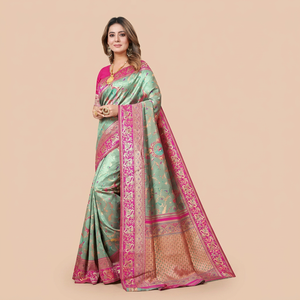 Elegante Sari de Seda Verde y Rosa con Bordado Zari para Bodas, Fiestas y Festivales, Sari Tradicional Indio para Mujer - Product Image 1