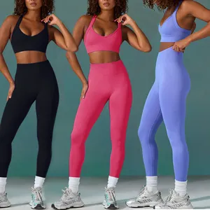 2024 diskon besar Logo kustom Set Yoga tanpa kelim olahraga Bra olahraga Gym wanita Set Legging Yoga