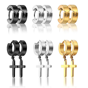 Stainless Steel Huggie Earrings With <b>Cross</b> Pendant For Men Black <b>Silver</b> Gold Color Fashion Jewelry 1 Set - Product Image 4