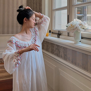 Gonna in <span class=keywords><strong>cotone</strong></span> a maniche lunghe da donna floreale ricamato con elastico floreale in vita <span class=keywords><strong>pigiama</strong></span> dolce e carina collezione estiva per ragazze - Product Image 4