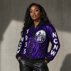 New Arrival National Council of Negro Women Inspired Design Apparel Dainty Purple <strong>Sequin</strong> Decorated NCNW 1935 Logo Lady <strong>Jacket</strong> - Product Image 3