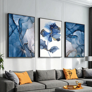Set di stampe su tela di fiori in marmo blu dorato astratto di lusso con 3 decorazioni artistiche da parete cornici in tela soggetti ancora in vita dipinti - Product Image 3