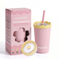 Gobelet isotherme à double paroi de 14 oz avec couvercle en forme de fleur, en acier inoxydable, avec paille, sans BPA, logo personnalisé, tasse à café de voyage isolée