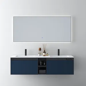 Mueble de baño moderno y ligero de lujo para hotel, mueble de baño con espejo LED enmarcado