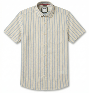 เสื้อเชิ้ตผ้าลินินลายทางผู้ชาย ทรงเข้ารูป ระบายอากาศดี เหมาะสำหรับใส่หน้าร้อน แขนครึ่งตัว คุณภาพพรีเมียม ODM สำหรับส่งออก ขายส่ง - Product Image 1