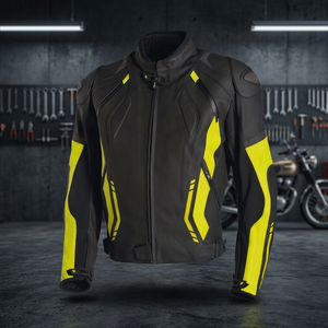 Veste de moto pour homme, noire et jaune fluo, avec blocs de couleur, col montant, fermeture éclair, coupe-vent, style motard - Product Image 3