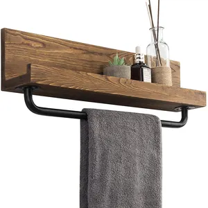 Antique Style Burnt Wood Wall Mounted Storage Rack With Industrial Black Pipe Towel.