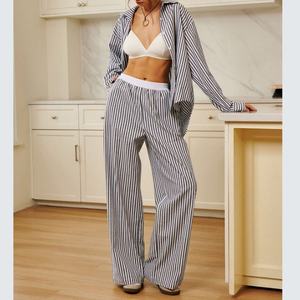 ชุดสูทลายทางแบบกำหนดเอง คุณภาพสูง ดีเทลด้านหลัง ชุดเซ็ตสองชิ้นผ้าฝ้ายสำหรับผู้หญิงฤดูร้อน กางเกงหลวม ชุดเซ็ตสองชิ้นสำหรับผู้หญิง - Product Image 1