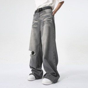 Su misura 2025 estate nuova moda maschile Vintage slavato diritto a <span class=keywords><strong>gamba</strong></span> <span class=keywords><strong>larga</strong></span> ampio <span class=keywords><strong>Jeans</strong></span> lunghi fino al pavimento tessuto grigio Denim - Product Image 4