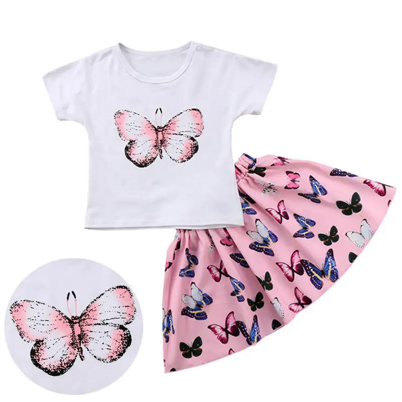 Fashion Summer Butterfly Printed Cotton Baby Girl Set Clothes For 2pc Set Little Girl Clothes