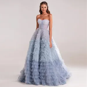 Scz082 Chic Blue Ombre Tiered Rüschen Abendkleider 2023 Luxus Dubai Ballkleid Ballkleid für Frauen Hochzeits feier