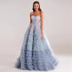 Scz082 vestido de festa de casamento feminino, vestido azul chique ombré camadas com babados, para noite de 2023