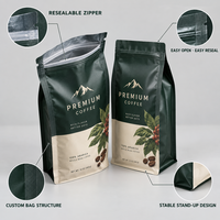 Sac d'emballage pour café avec valve unidirectionnelle, fermeture éclair, fond plat, pochette pour grains de café, impression personnalisée