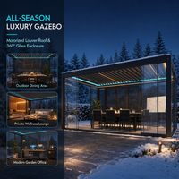 Pergola motorisée intelligente rétractable en aluminium et verre avec toit à lames orientables et porte coulissante en verre pour espace de vie extérieur