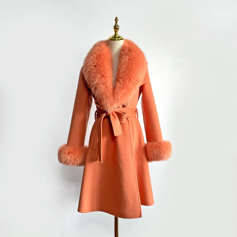 QIUCHEN- QC22035 Low MOQ Fashion Women's Cashmere Coat With A Big Real Fox Fur Collar Cuffs Wool Coat