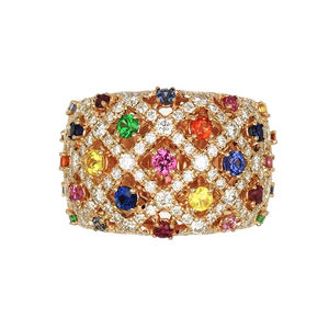 Bague large en or jaune 18 carats sertie de saphirs multicolores et de diamants, bijou de luxe arc-en-ciel pour femme - Product Image 1