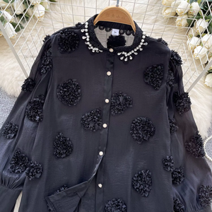 เสื้อเชิ้ตตาข่ายปักลายดอกไม้ 3 มิติ งานปักหนัก ทรงหลวม แขนยาว แฟชั่นสำหรับผู้หญิง - Product Image 6