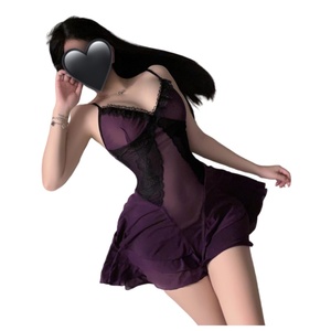 Camisón de encaje <span class=keywords><strong>lila</strong></span> sexy para mujer, lencería de red con bloques de <span class=keywords><strong>color</strong></span>, vestido de dormir transparente y diáfano - Product Image 1