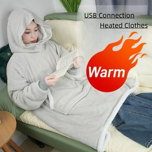 Atacado Personalizado USB Aquecimento Algodão Roupas Logotipo Elétrico Aquecido Com Capuz Fluffy Hoodie Warmer Wearable Cobertor De TV - Product Image 6