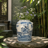 Vase de table en porcelaine bleue et blanche, peint à la main, de style traditionnel chinois, avec des motifs figuratifs, antique, en forme de pot à gingembre avec des têtes de lion