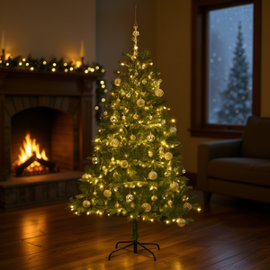 Sapin de Noël Artificiel Articulé 70,9 Pouces avec Lumières LED Blanc Chaud et Ensemble de Boules Décorations d'Intérieur - Product Image 2