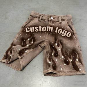 กางเกงยีนส์ขาสั้นวินเทจ แต่งคริสตัล ทรงแบ็กกี้ ขาสั้นทรงจ็อต ล้างสีแบบแอซิด ข้อเข่าสองชั้น สไตล์สตรีทแวร์ ทรงหลวม สกรีนโลโก้ได้ - Product Image 2