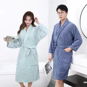 Yüksek kalite katı nighty elbise dokuma spa bornoz erkek uzun kollu pijama rahat yumuşak peluş şal yaka elbise kemer