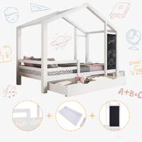Lit pour enfants Lit maison Lit en bois avec planche et 2 tiroirs Bois massif avec clôture et cadre à lattes Blanc