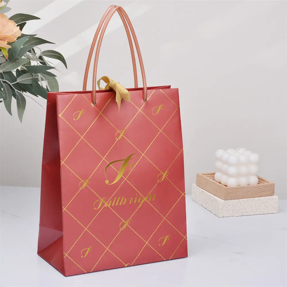 Gold Foil Stamp Shopping Bag High-End Red Gift Kraft Paper Customized Logo Luxury Tote Bag with Ribbon Handle