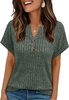 Tunique ample pour femme, col Henley en V, manches courtes, couleur unie, style décontracté chic, idéale printemps-été