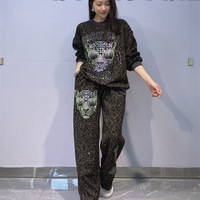Vêtements pour femmes grande taille de style européen et américain, style coréen, sweat-shirt à col rond, ensemble pantalon imprimé léopard, manches longues, ensemble pour femmes