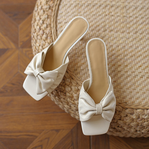 New Summer Luxury Sheepskin Leather Outdoor Heel Bride Wedding Party Women <b>Slide</b> Sandal With Bow <b>Slippers</b> - Product Image 3
