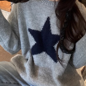 Suéter Holgado Informal Personalizado para <span class=keywords><strong>Mujer</strong></span>, Cuello Redondo, Manga Larga, con Gráfico de Estrella Sólida en <span class=keywords><strong>Lana</strong></span> Mohair Negra y <span class=keywords><strong>Gris</strong></span> para Otoño - Product Image 2