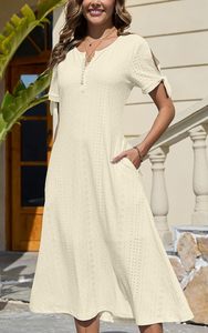 CheChury <span class=keywords><strong>A</strong></span>-ligne Vestido Midi Elegante Para Mujer Vestido Casual De Verano Con Bolsillos Manga Corta <span class=keywords><strong>Y</strong></span> Cuello En V Boho <span class=keywords><strong>Y</strong></span> Bohemio - Product Image 5